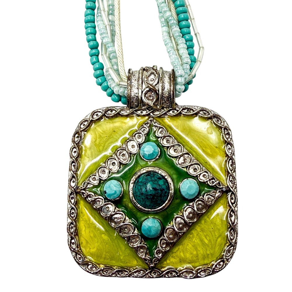 Boho Multistrand Beaded Necklace Green Enamel Turquoise Tone Pendant